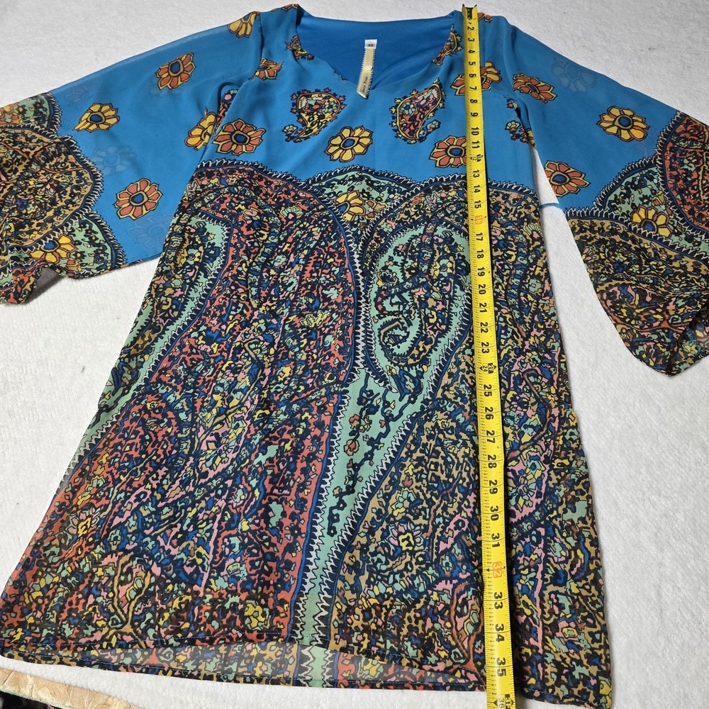 Uncle Frank Paisley Bell Sleeve Dress XS Blue Boho Sheer Overlay Shift Lined